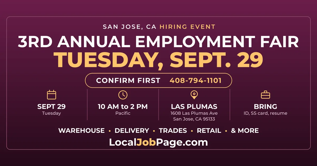 San Jose Employment Fair September 29: Warehouse, Trades, Delivery and Postal Employers Hiring